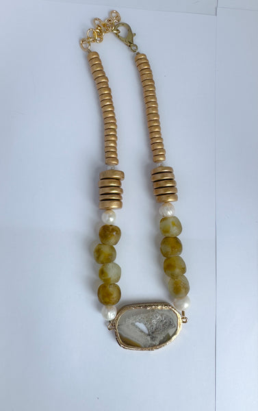 African glass, wood and pearl necklace
